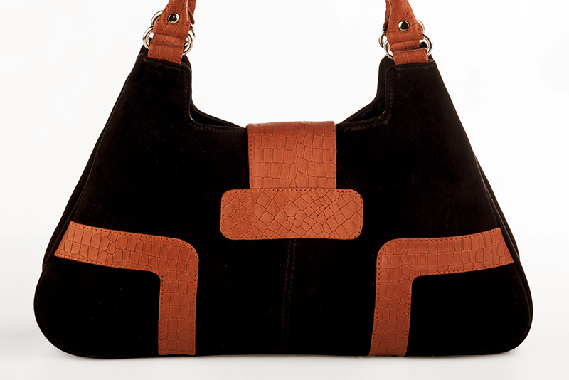 Matt black and terracotta orange women's dress handbag, matching pumps and belts. Rear view - Florence KOOIJMAN